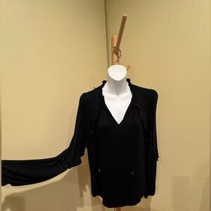 Lauren Elegant Black Women's Top with ruffle detailing and bell sleeves